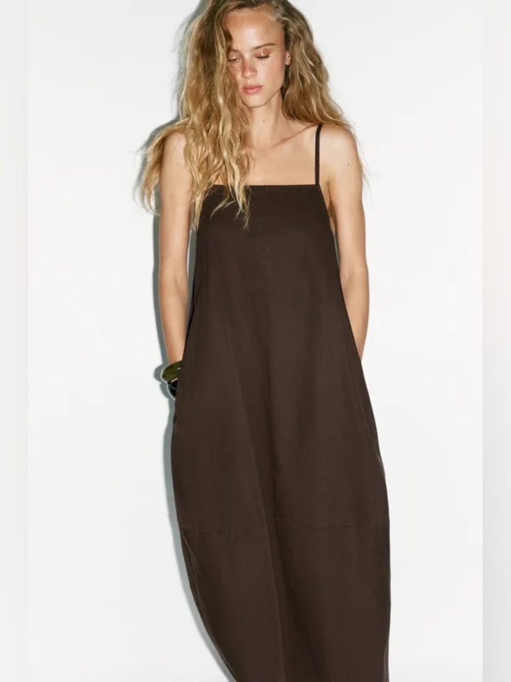 Zara Voluminous Bubble Strappy Midi Dress Camel Square Neckline XL - Picture 2 of 16
